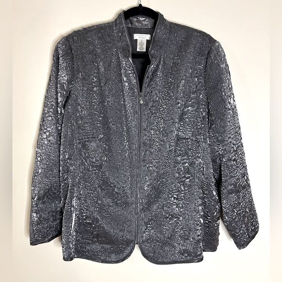 LAURA ASHLEY Gray Sparkle"Wrinkle"Holiday Blazer,Rhinestone Zipper Pull Sz S - Picture 1 of 9